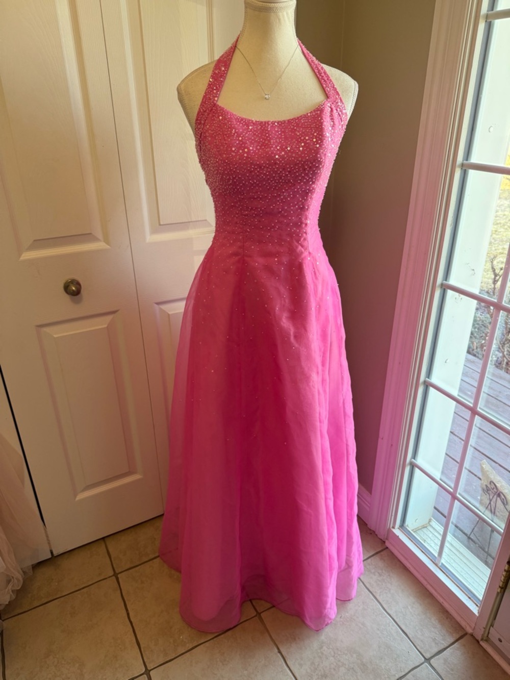 Mori Lee Hot Pink Beaded Halter Prom Dress